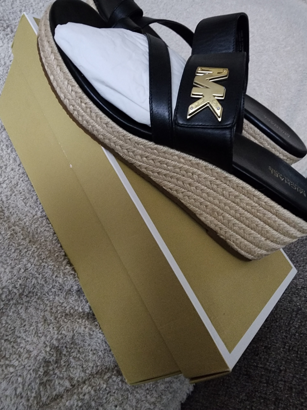 Michael Kors Black Leather Platform Espadrille Sandals with Gold MK Accent